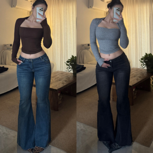 FBLin1美式复古辣妹低腰牛仔喇叭裤女性感修身包臀裤脚毛边拖地裤