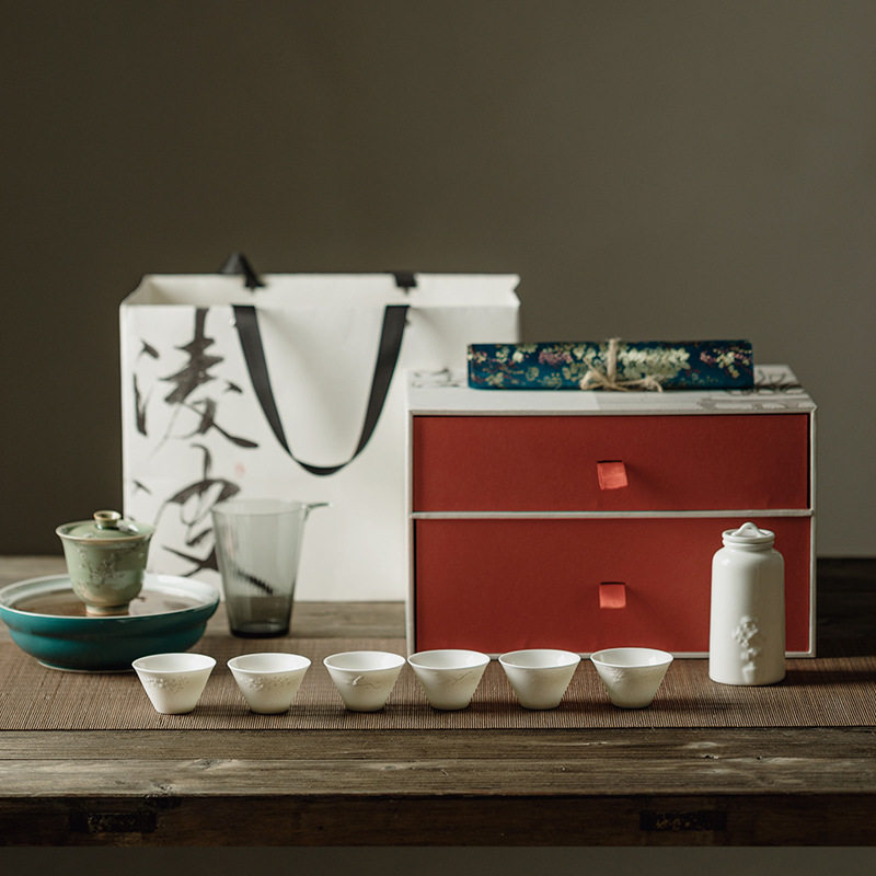 庭野堂凌波整套功夫茶具盖碗白瓷茶杯茶叶罐壶承茶席礼盒套装日式