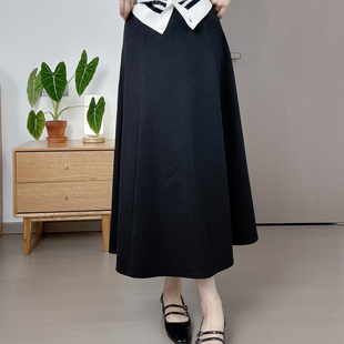熙熙精选 秋冬新款黑色高腰显瘦中长款毛呢半身裙 女 通勤A字伞裙
