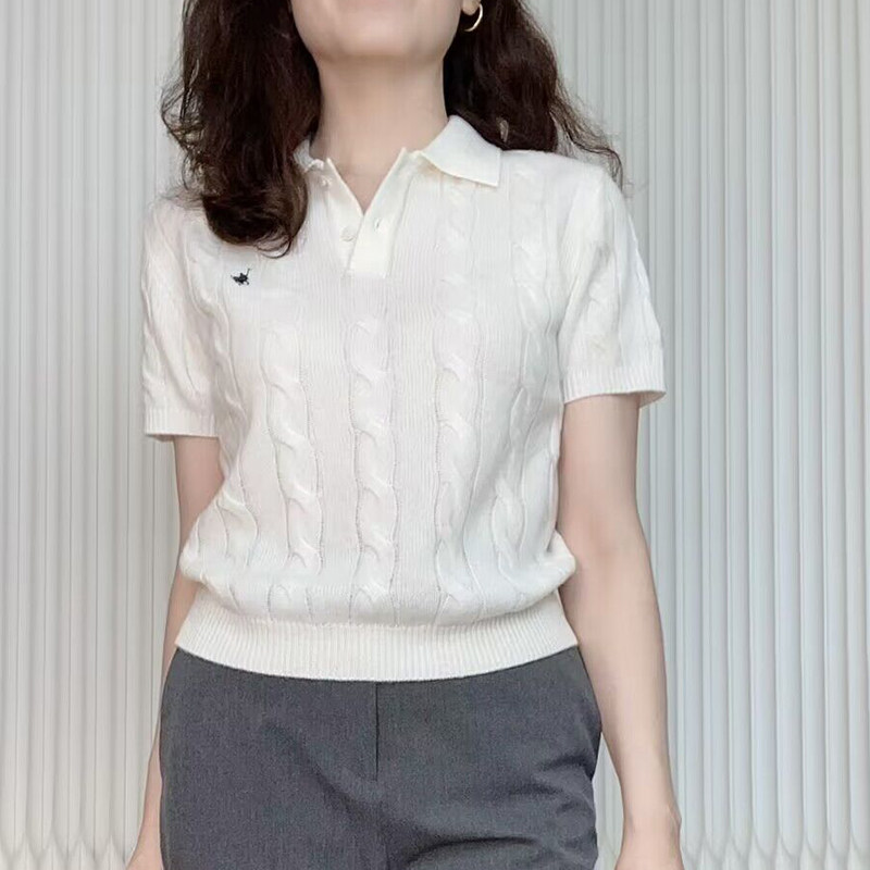 熙熙精选  秋季POLO领绞花短袖针织衫 女 纯羊毛休闲百搭