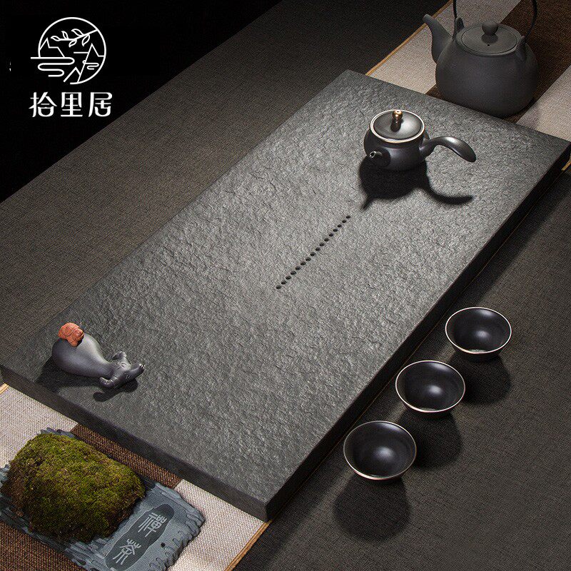 天然乌金石茶盘家用办公室泡茶简约整块石头茶台排水式茶海茶托