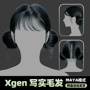 Xgen女性毛发国风现代人物角色发型短发帅maya3D模型丸子头groom