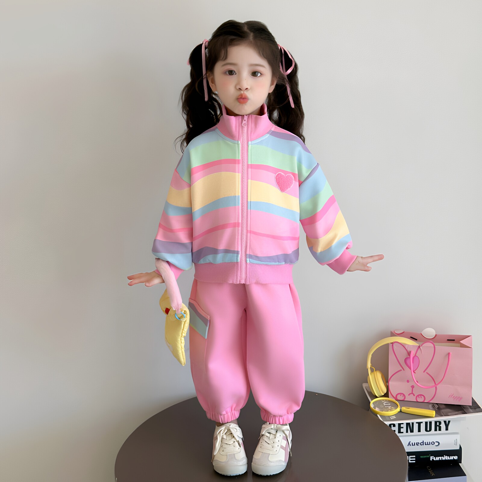 女童秋季波浪条纹工装两件套