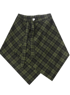 THE FLOWER复古时髦感高街绿色格子系带遮臀屁帘一片式外搭