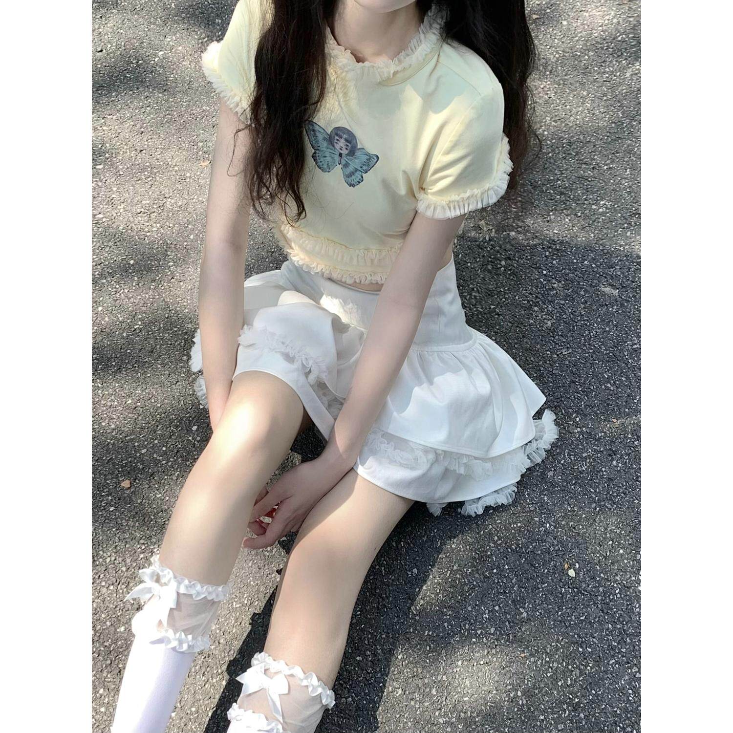 怪诞/小个子甜辣高腰高领腰镂空蝴蝶结夏款T恤设计款女/CB缎带兔