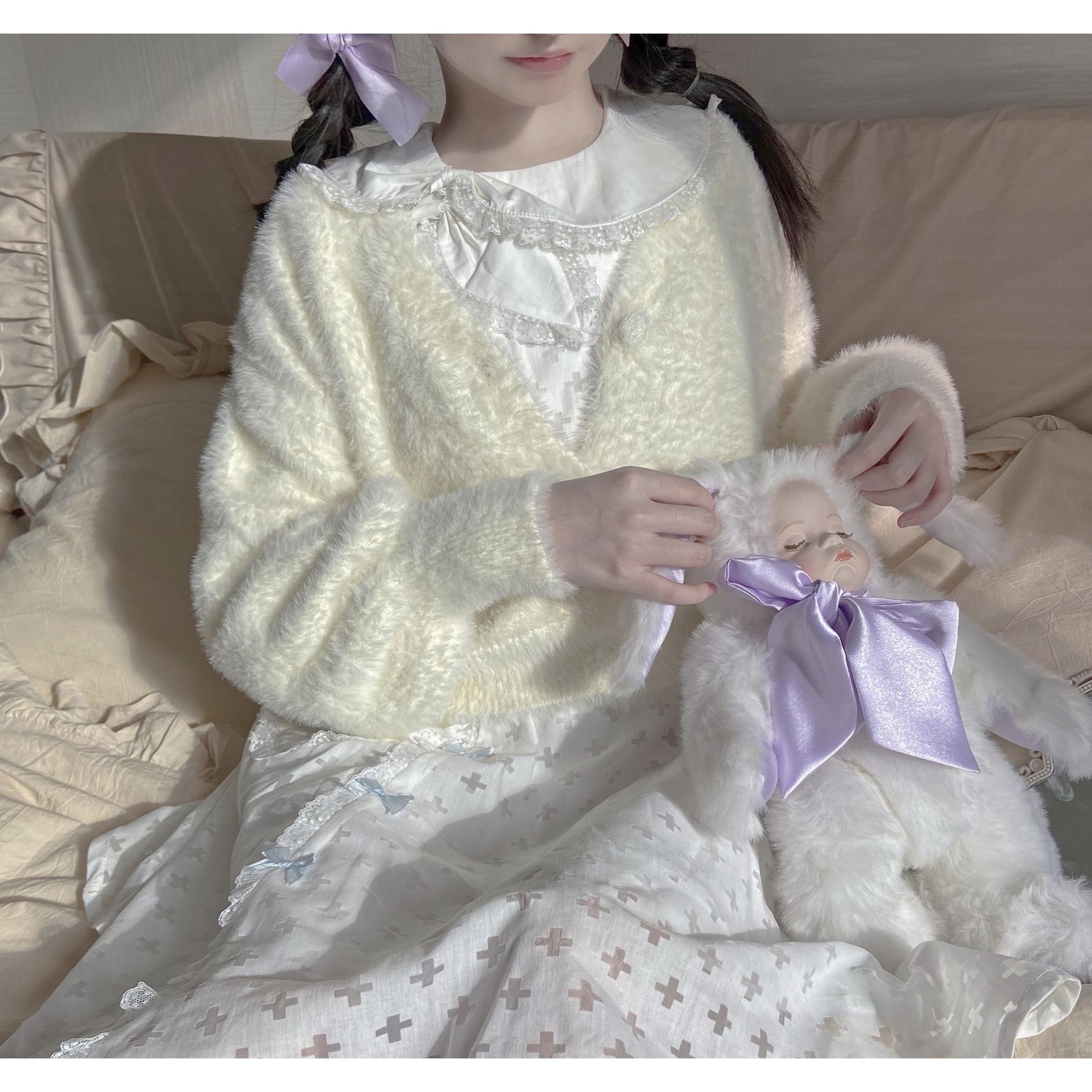 毛絨絨/溫柔風軟妹2023年新款開衫毛衣外套女/choker bunny緞帶兔