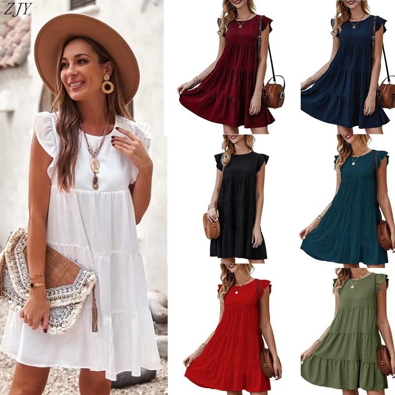 新款纯色圆领短袖连衣裙休闲蛋糕裙women's short sleeve dress