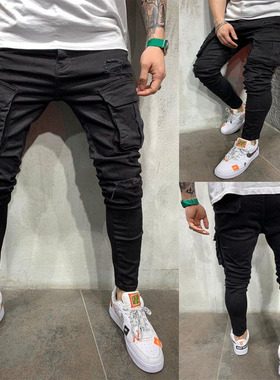 Multi-pocket ripped stretch denim overalls破洞弹力牛仔工装裤