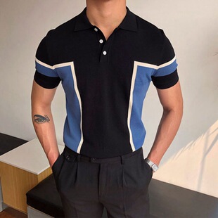 时尚气质短袖商务polo衫 patchwork knitted sweater