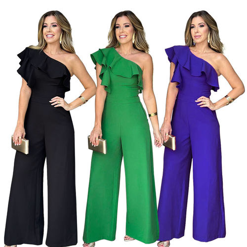 2024 New fashion one-shoulder straight leg jumpsuit women