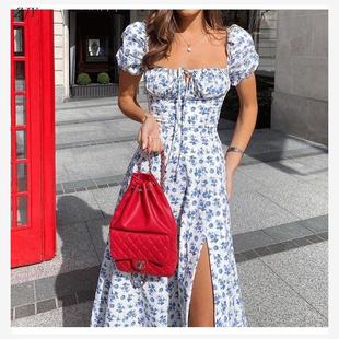 新款女装系带不规则性感碎花连衣裙women's short sleeve dress