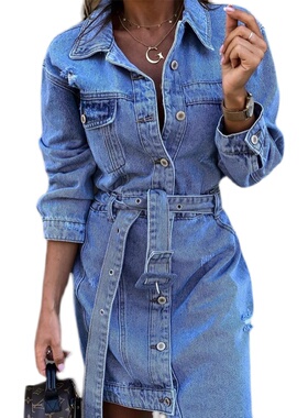 Autumn long sleeve single breasted denim skirt dress 牛仔裙
