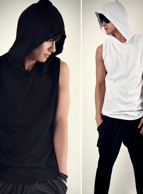 men summer vests sleeveness hoodie t-shirts white 男无袖T恤