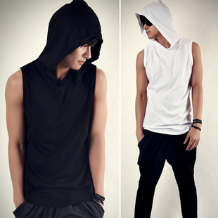 men summer vests sleeveness hoodie t-shirts white 男无袖T恤