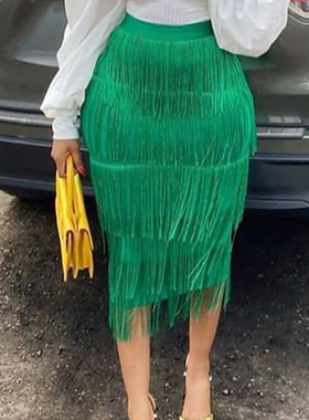 2022夏季欧美大码新款绿色流苏高弹高腰半身裙Summer Skirt Women