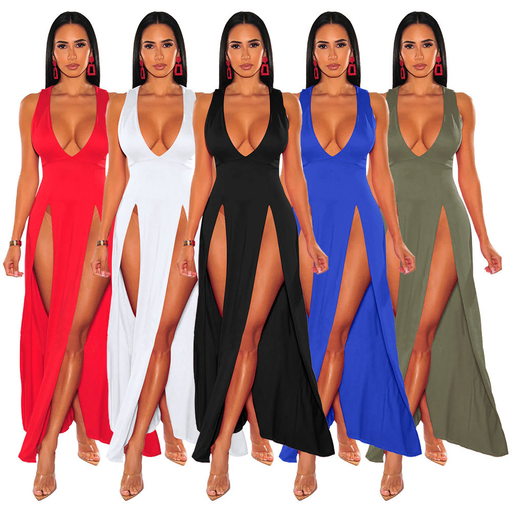 2023 spring solid color sexy party dress women split skirt
