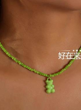 Hip hop Bear candy colored handmade rice bead necklace girl