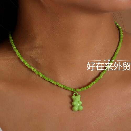 Hip hop Bear candy colored handmade rice bead necklace girl