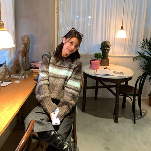 马海毛撞色条纹针织套头宽松上衣毛衣 复古港风 女 Atelier ZSS