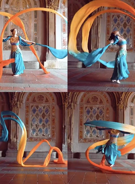 敦煌舞飞天舞长绸舞薄荷绿黄橙舞蹈彩绸飞天乐舞真丝彩带飘带披帛