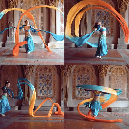 敦煌舞飞天舞长绸舞薄荷绿黄橙舞蹈彩绸飞天乐舞真丝彩带飘带披帛