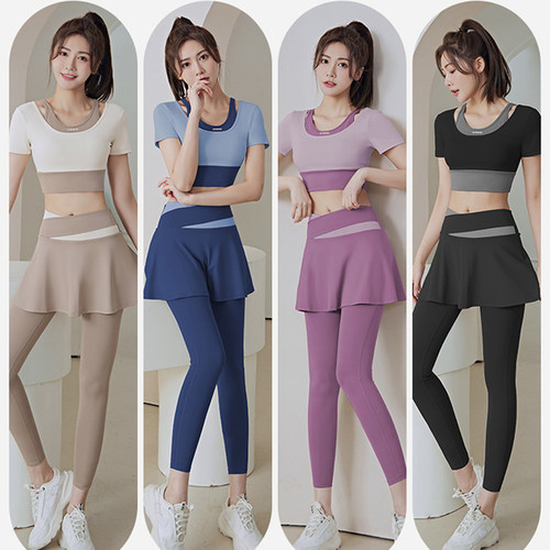 瑜伽服套装女拼色假两件短袖透气