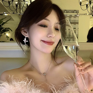 925银针新款甜美粉色森系蝴蝶流苏耳环气质精致复古千金风耳饰女