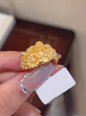 拉丝金色繁花轻奢小众食指戒