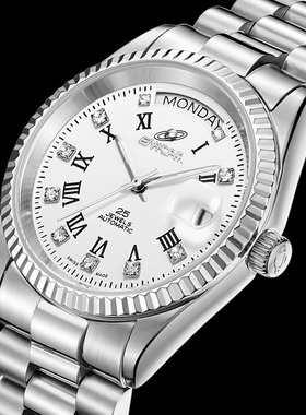 瑞士库存老英纳哥机械自动男士夜光黑色时尚全钢防水父亲礼物腕表