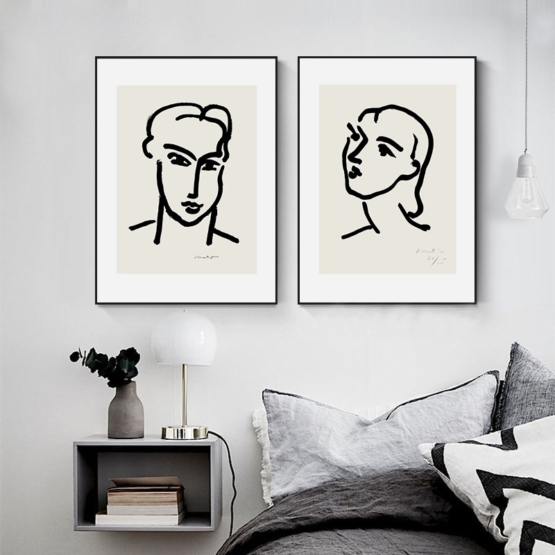 马蒂斯装饰画黑白素描人像头像女小众抽象世界名画艺术民宿挂画