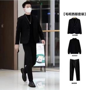 男士 套装 外套修身 痞帅垫肩西服男士 感休闲韩版 秋冬毛呢加厚小西装