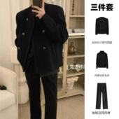 高级感设计感韩版 秋冬加厚毛呢双排扣小香风西服套装 男士 痞帅外套