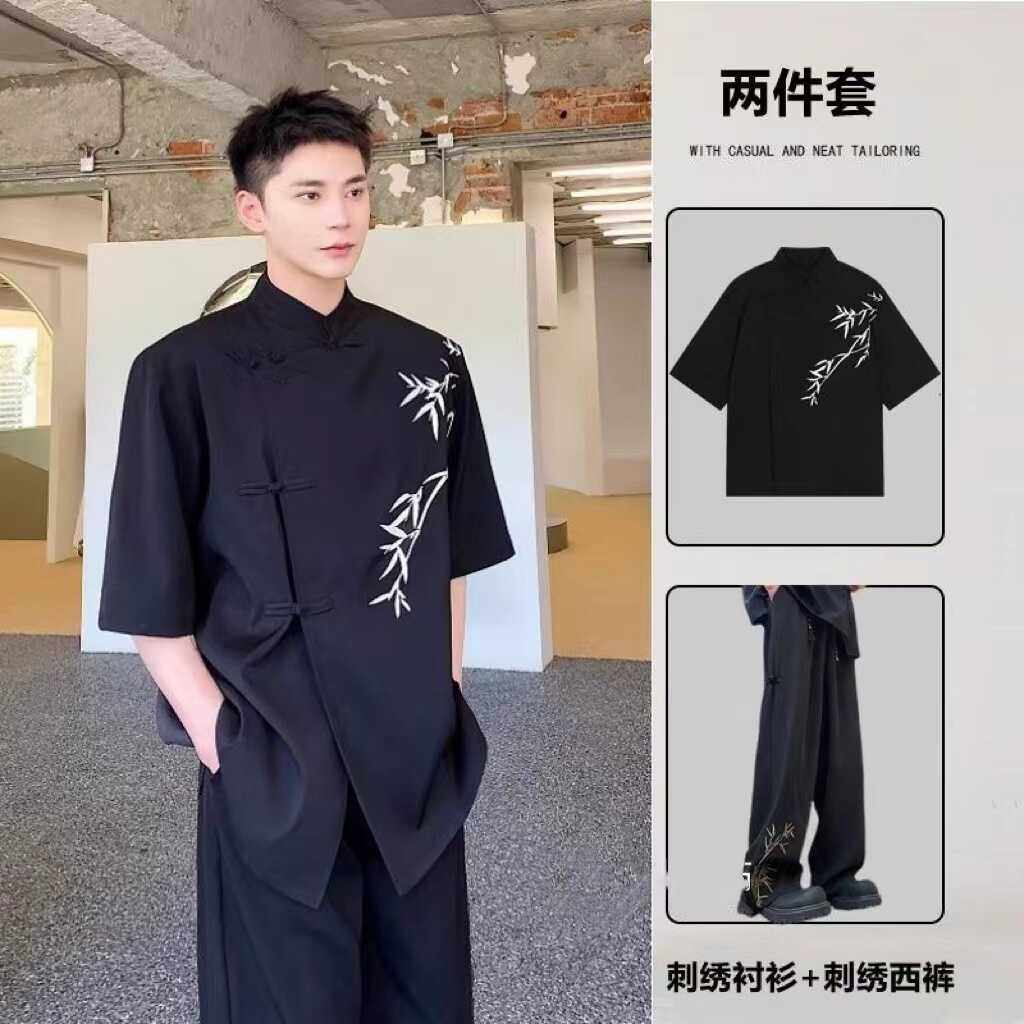 竹子刺绣短袖新中式国风男装套装图片