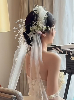 韩式莫奈花园花朵发带网纱发饰甜美羽毛结婚妆造拍照新娘头饰配饰