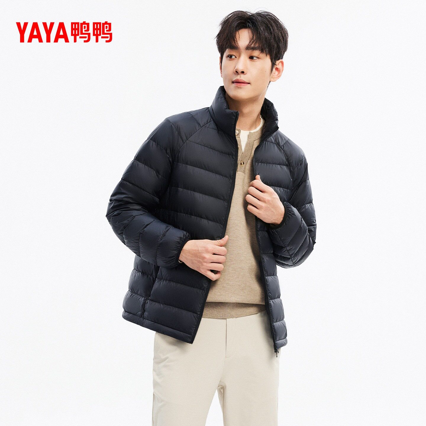 鸭鸭羽绒服男轻薄2026日常运动时尚百搭休闲舒适宽松立领鸭绒外套