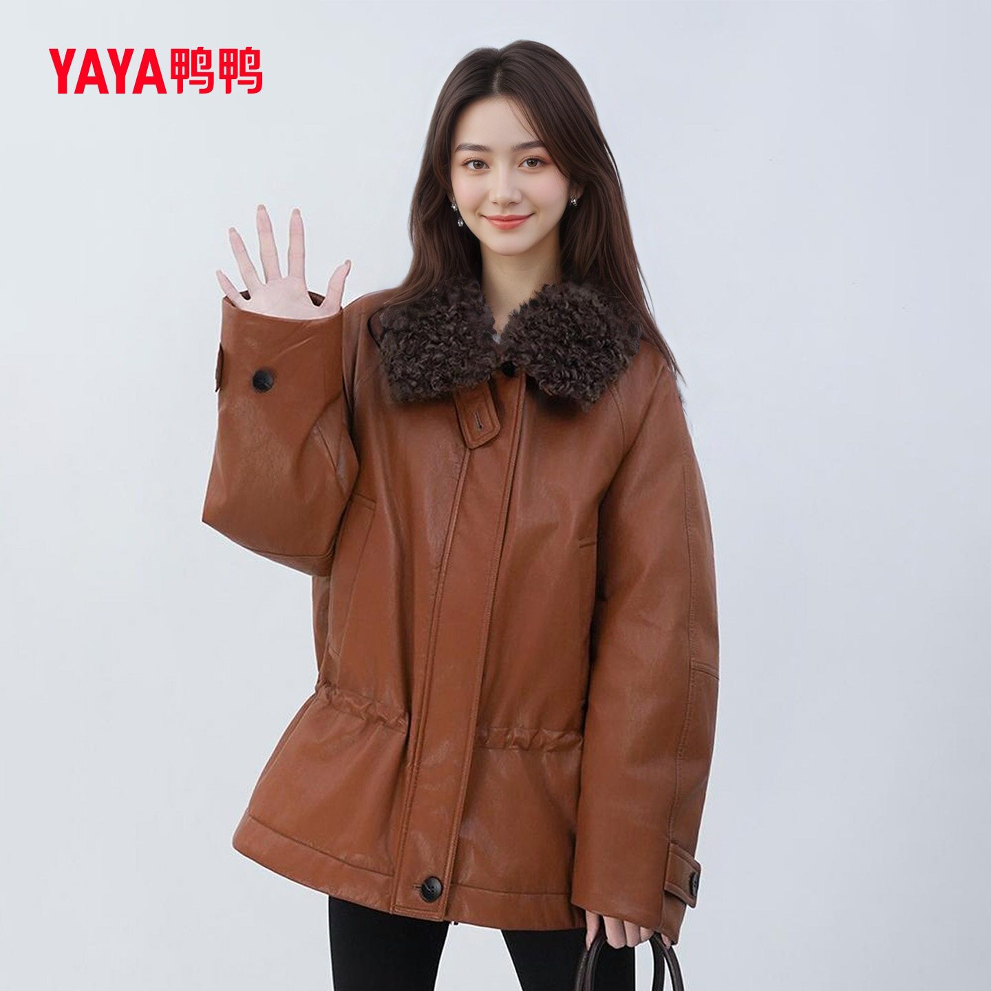 鸭鸭皮衣羽绒服女2026新款冬季时尚宽松加厚皮衣90鸭绒保暖外套