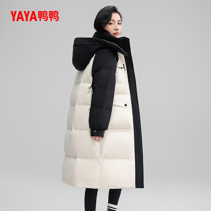 鸭鸭羽绒服女2024年新品过膝中长款加厚保暖拼色休闲90鸭绒外套