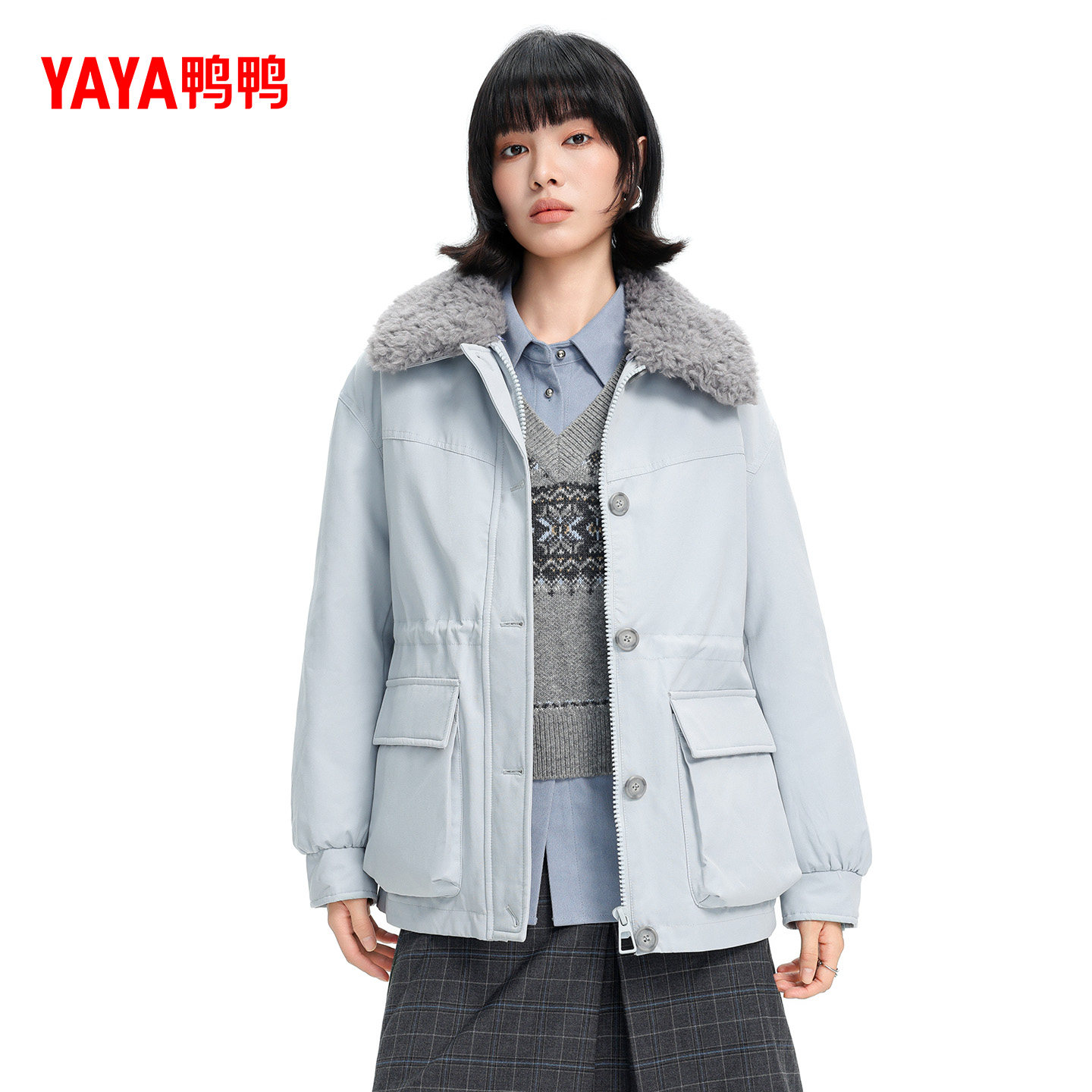 鸭鸭羽绒服女2025冬季新款短款时尚简约宽松毛领保暖90鸭绒外套M