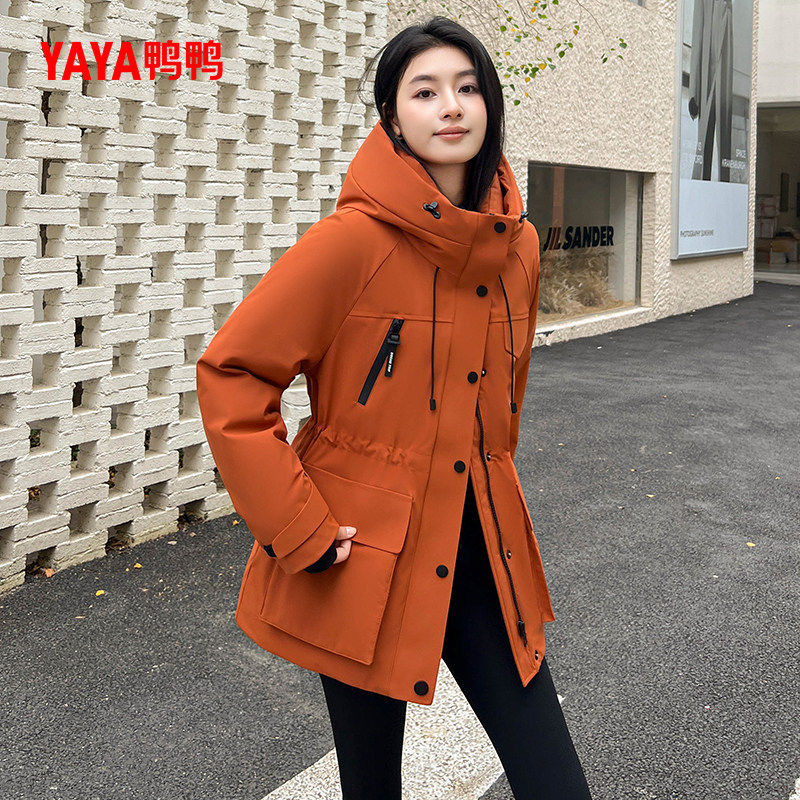 鸭鸭羽绒服女士2025冬季新品中长款连帽韩版保暖加厚收腰厚外套A