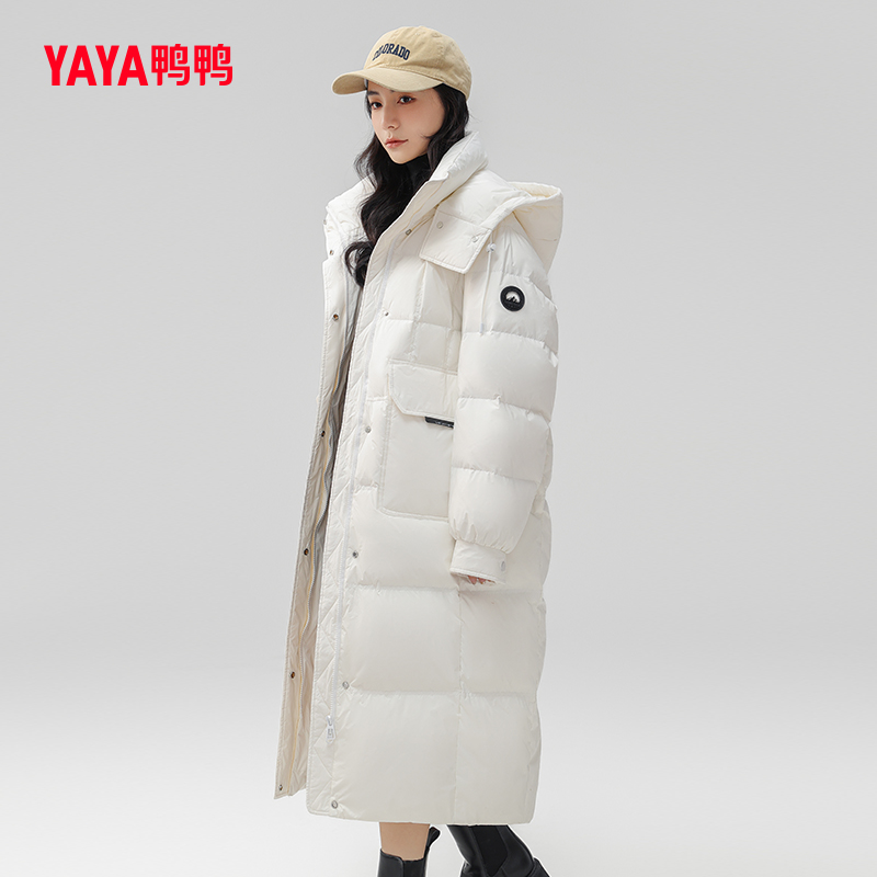 鸭鸭羽绒服女长款过膝2023年冬新款连帽时尚百搭韩版修身鸭绒外套