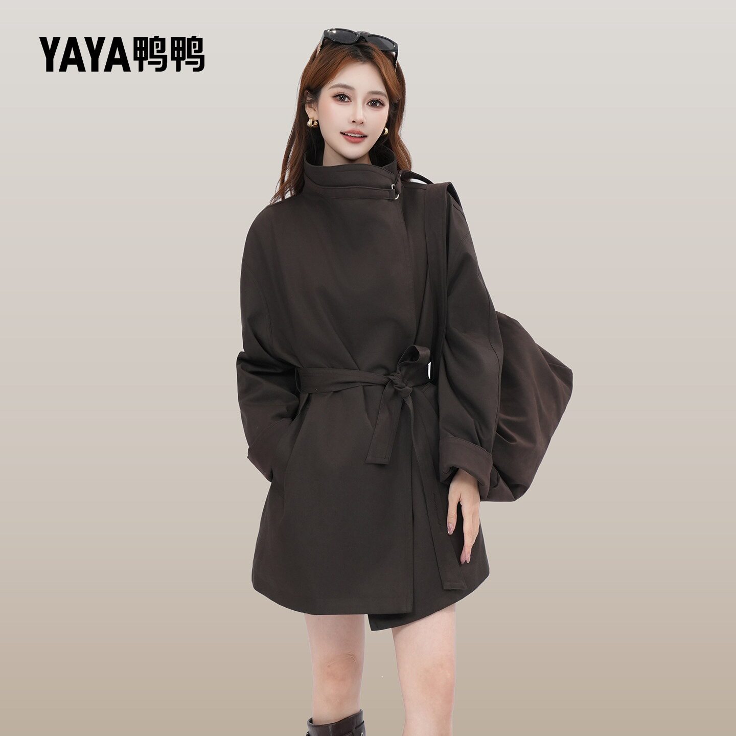 鸭鸭羽绒服女中长款2026新款设计感法式系带收腰宽松双排扣风衣