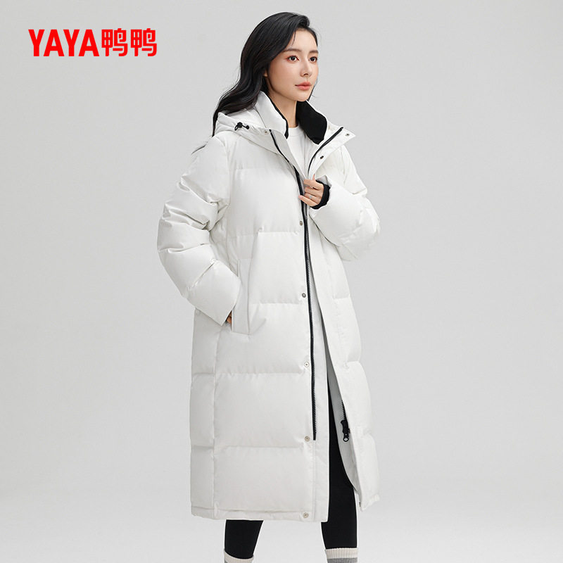 鸭鸭羽绒服女士2025年冬季新品长款时尚纯色简约百搭保暖鸭绒外套