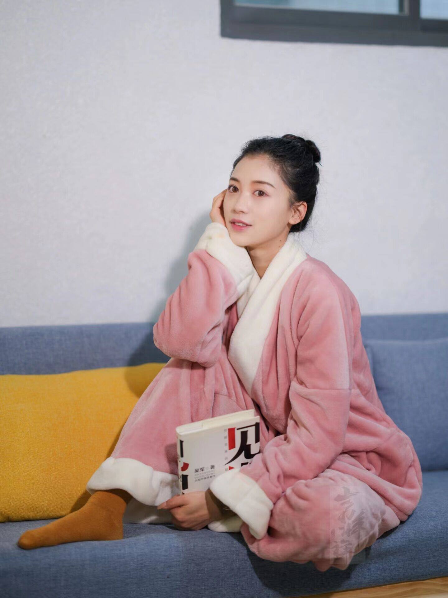 HANMOJI HANFU 가정 옷 귀여운 양면 플란넬 두꺼운 한 요소 개선 진 제 잠옷 가을 겨울 원본