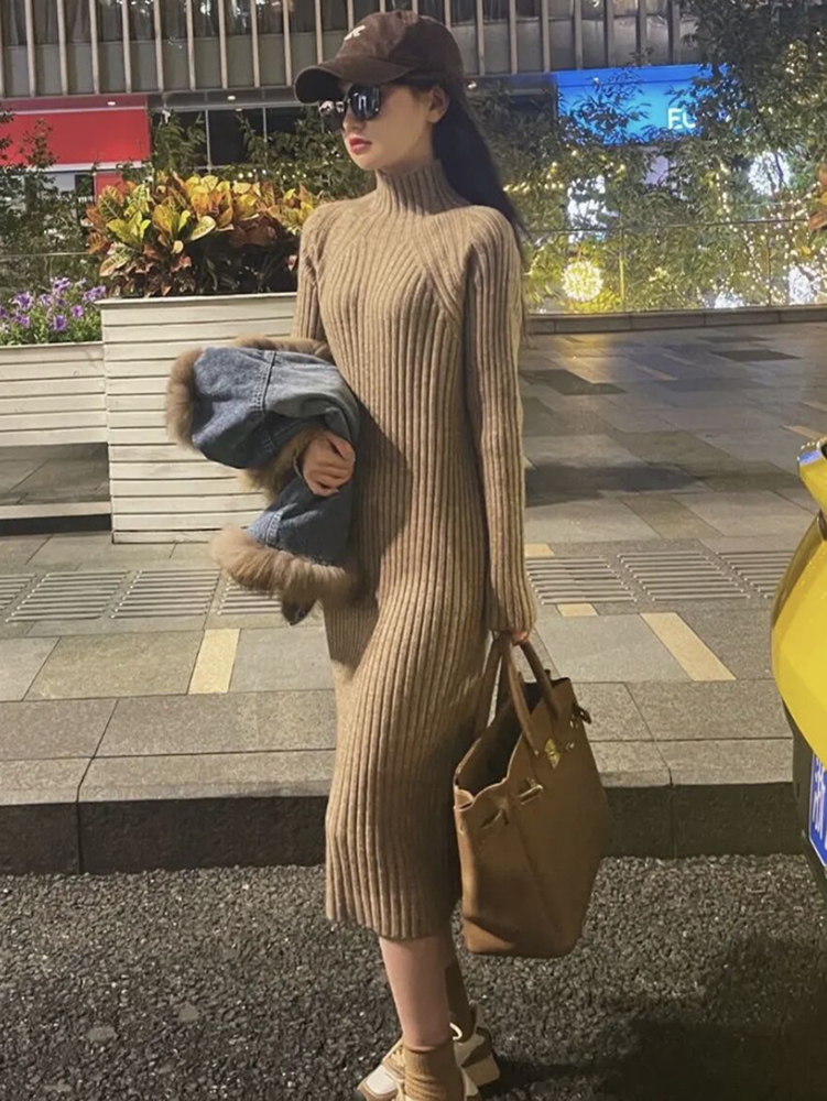秋冬加厚毛衣裙半高领过膝打底衫高级感长款修身内搭针织衫连衣裙