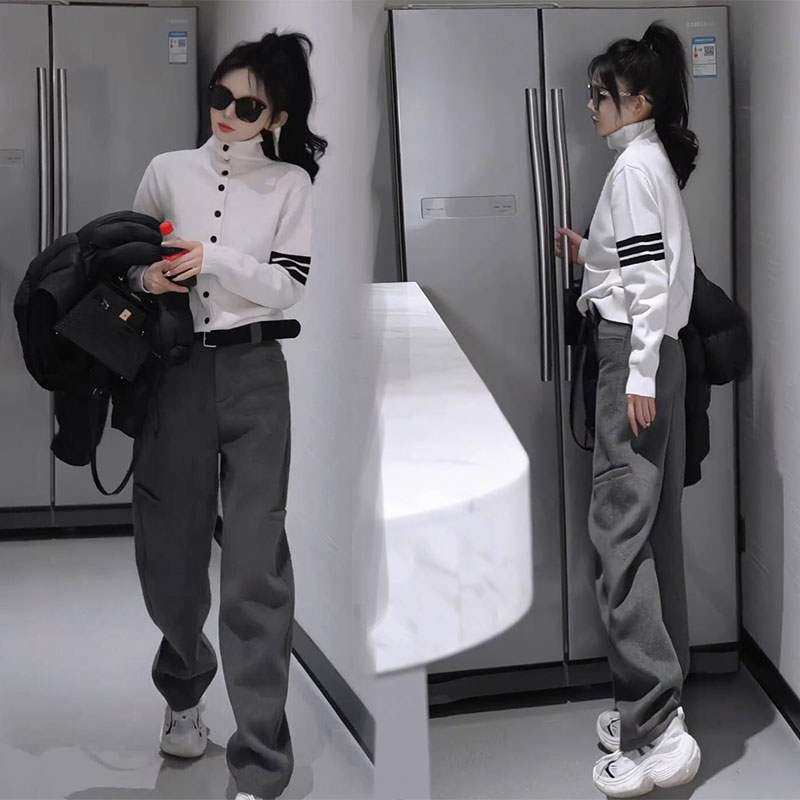 秋冬针织时尚高领百搭女士开衫毛衣高级感直筒加厚休闲裤两件套