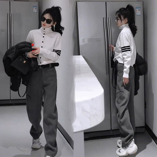 秋冬针织时尚高领百搭女士开衫毛衣高级感直筒加厚休闲裤两件套