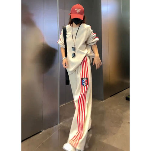 美式春秋宽松休闲运动服套装2024秋冬加绒加厚圆领卫衣卫裤两件套