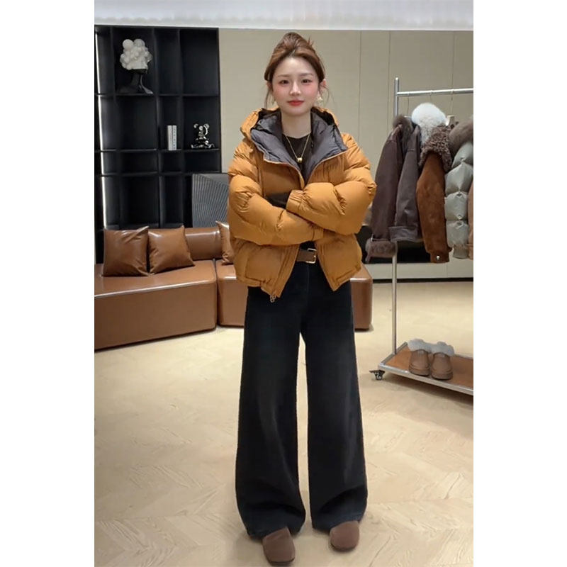 洋气短款羽绒棉服黑色休闲裤套装