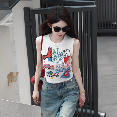 白色美式涂鸦印花背心吊带