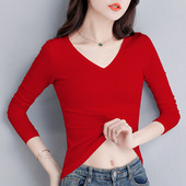 纯棉大红色V领打底衫 t恤内搭秋衣潮 春秋冬洋气修身 女长袖 2025新款